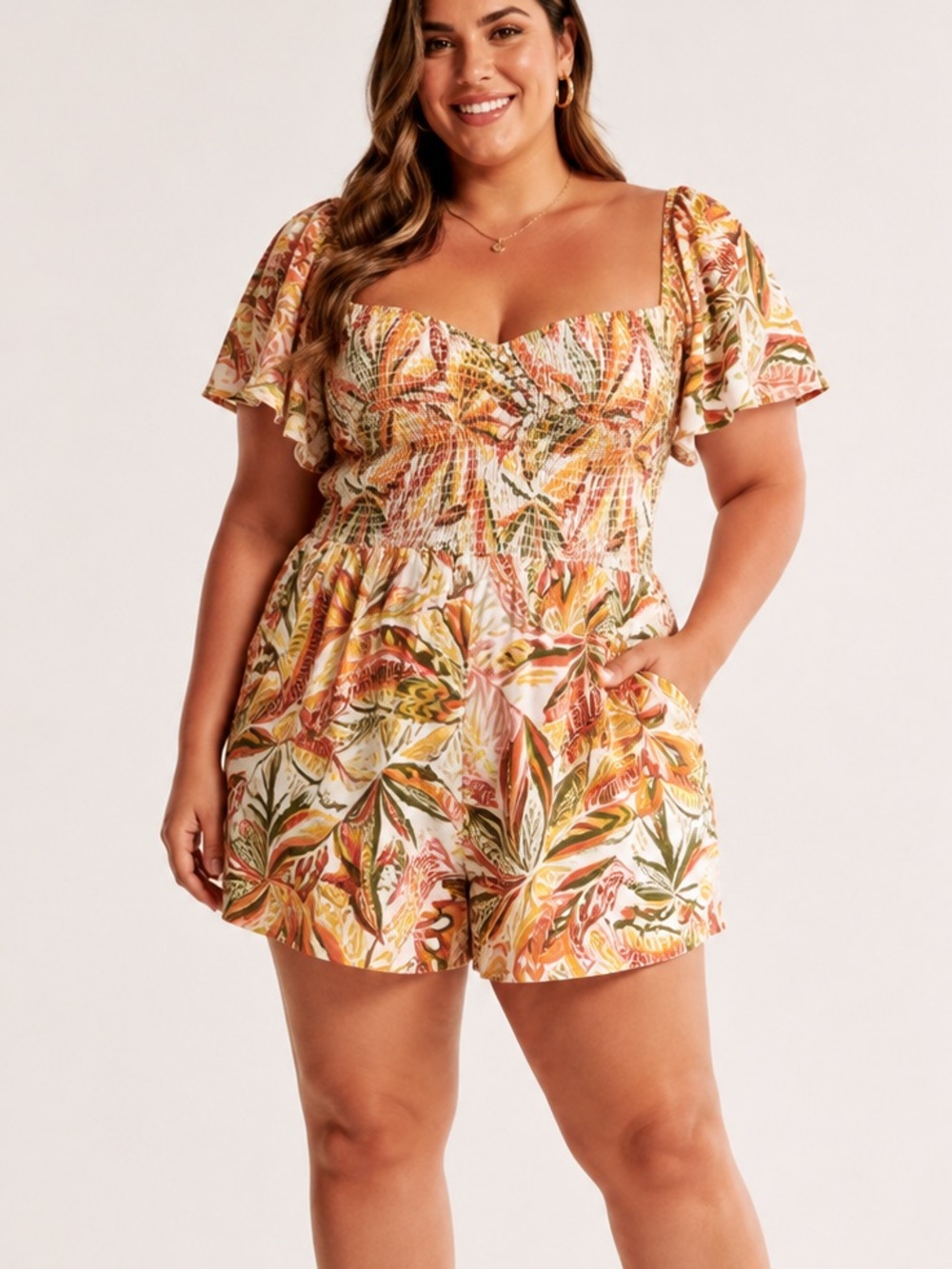 Derek Heart tropical palm leaf print romper smocked bodice 3x